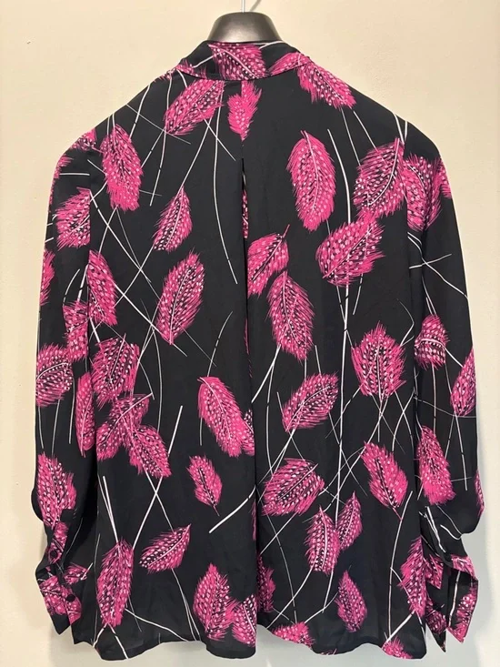 Reiss Lily Feather Print Blouse Navy Pink Tie Neck Size 4 - Picture 5 of 16